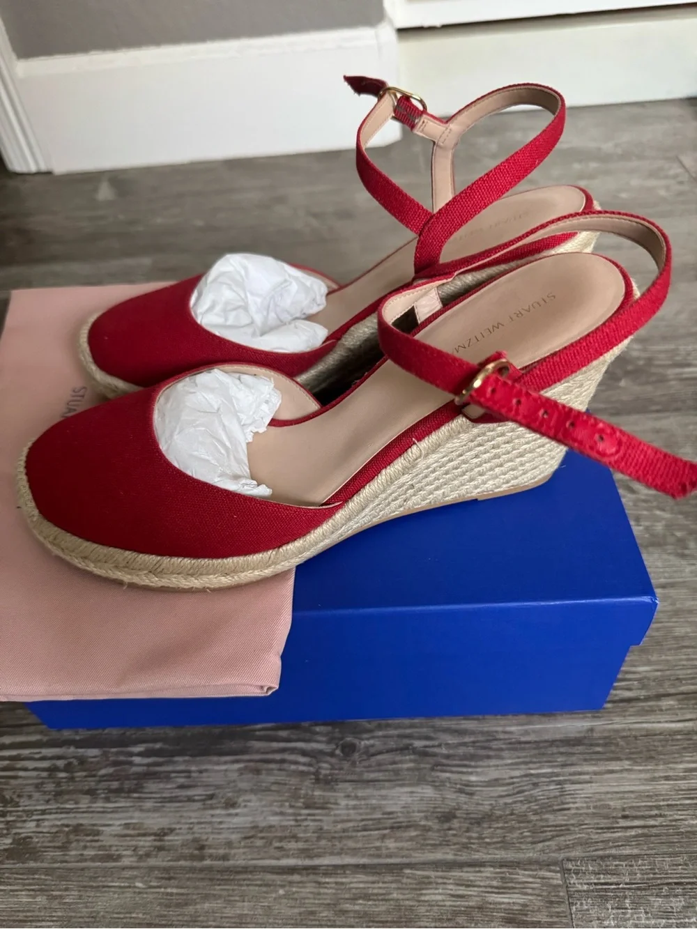 Stuart Weitzman Red Canvas Espadrille Wedge Sandals, US11, like NEW